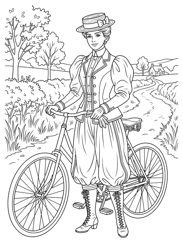 Coloring page: a lady in an 1890s cycling costume with puffed sleeves, bloomers and a boater hat stands beside her bicycle on a country lane.